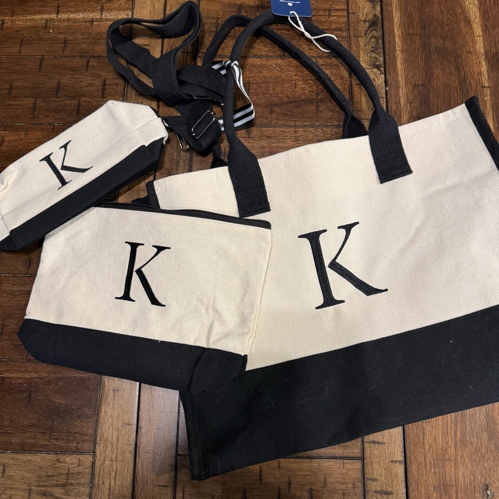Black and Cream Tote Bag Set with Initial K - Picture 9 of 9